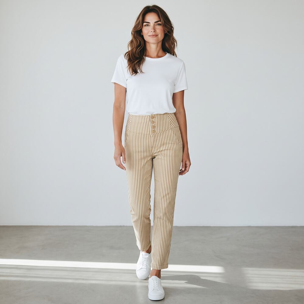 Free People 10 Pants Trousers Tan White Stripped Button Up Cropped 26" inseam